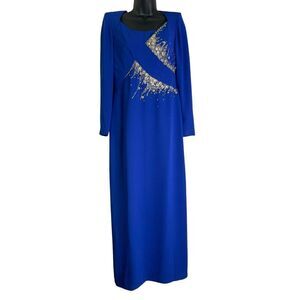 Lilli Diamond Vintage Blue Sheath Midi Rhinestone Beaded Dress Long Sleeve 10
